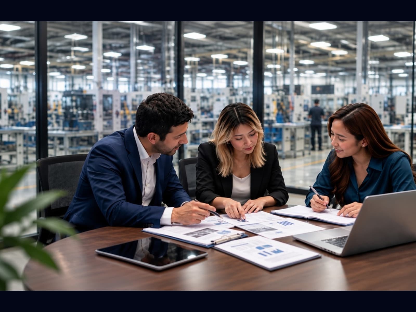 Consulting team reviewing manufacturing performance data in a plant conference room