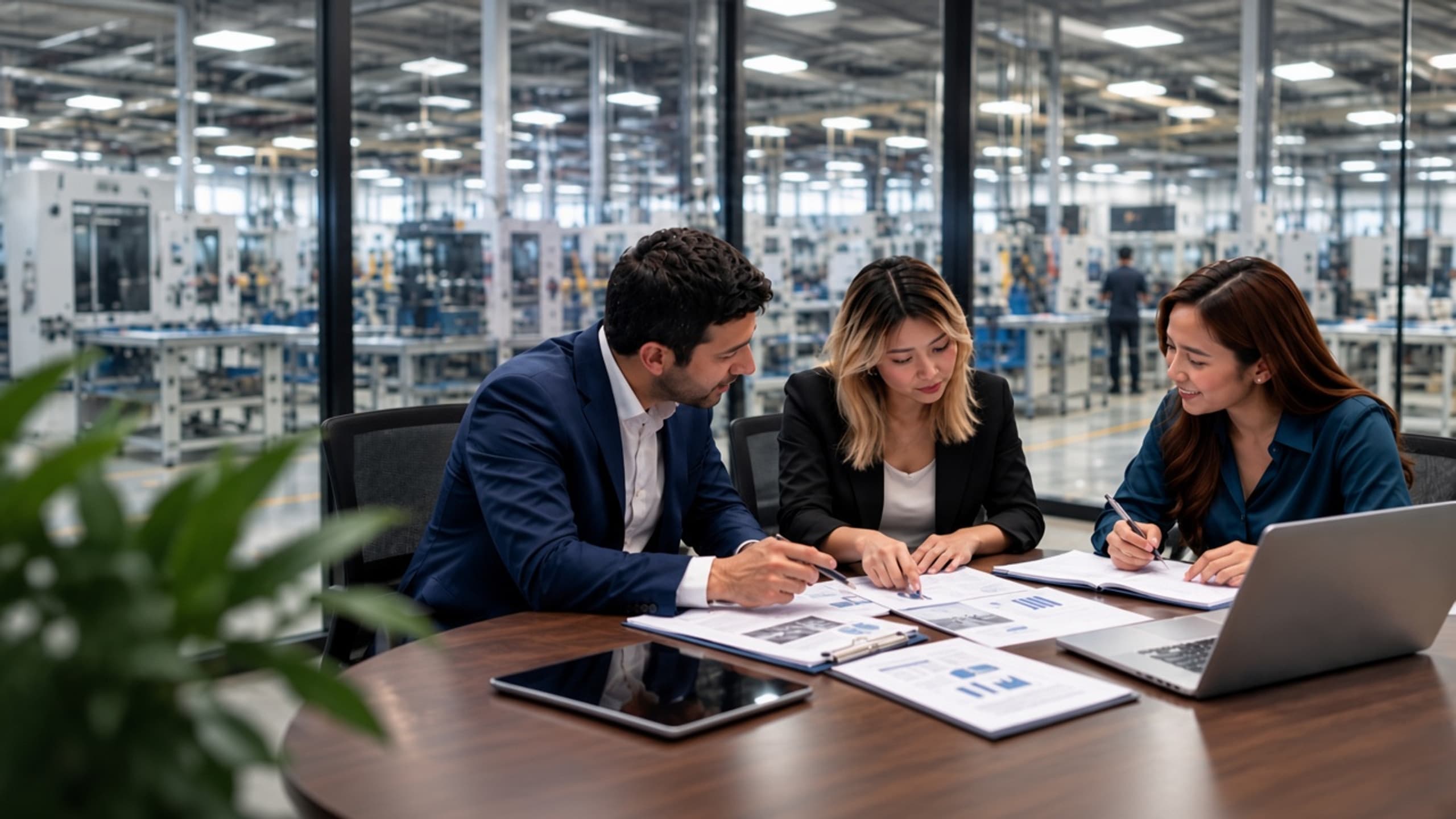 Consulting team reviewing manufacturing performance data in a plant conference room